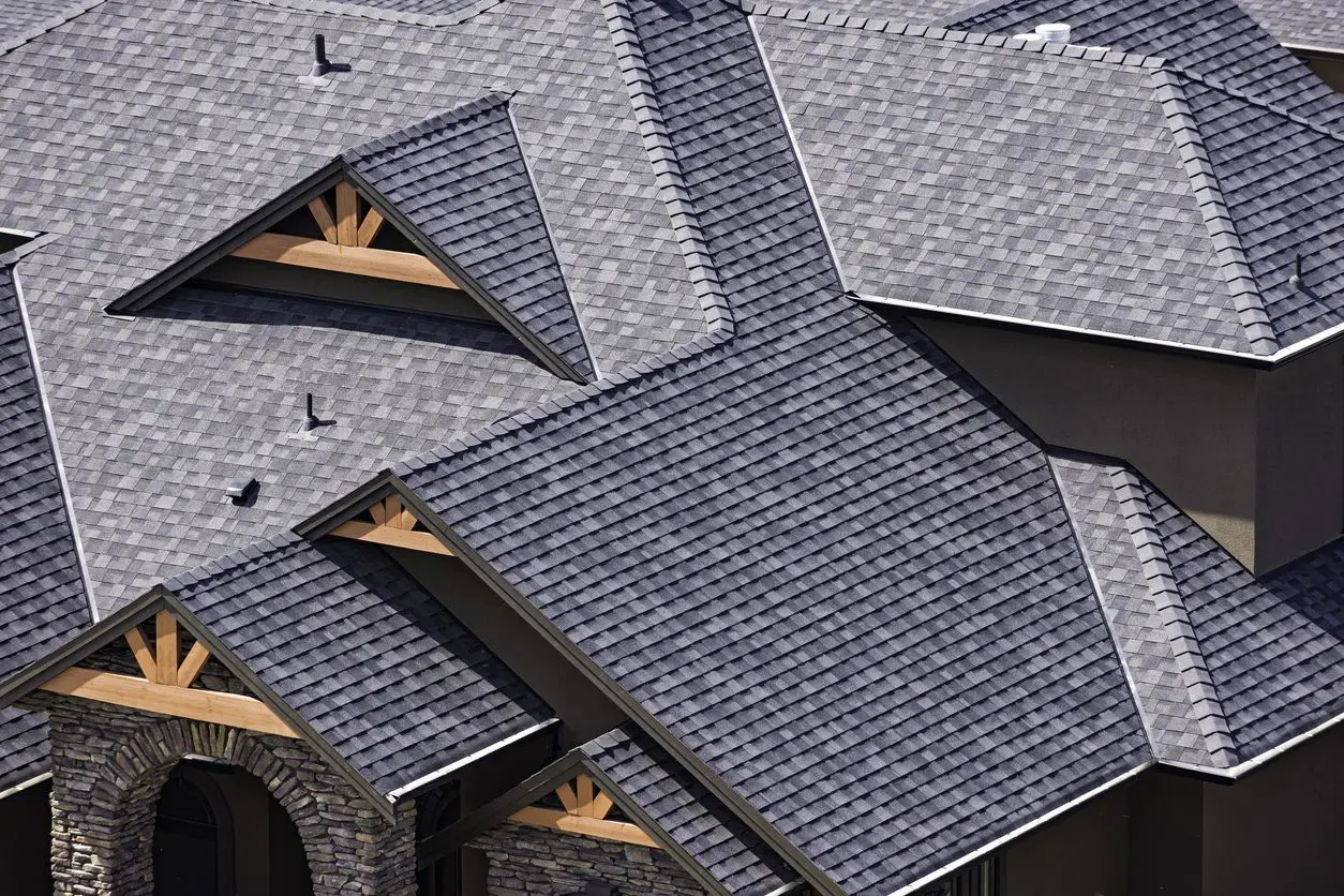 A close up of some houses with asphalt shingles.